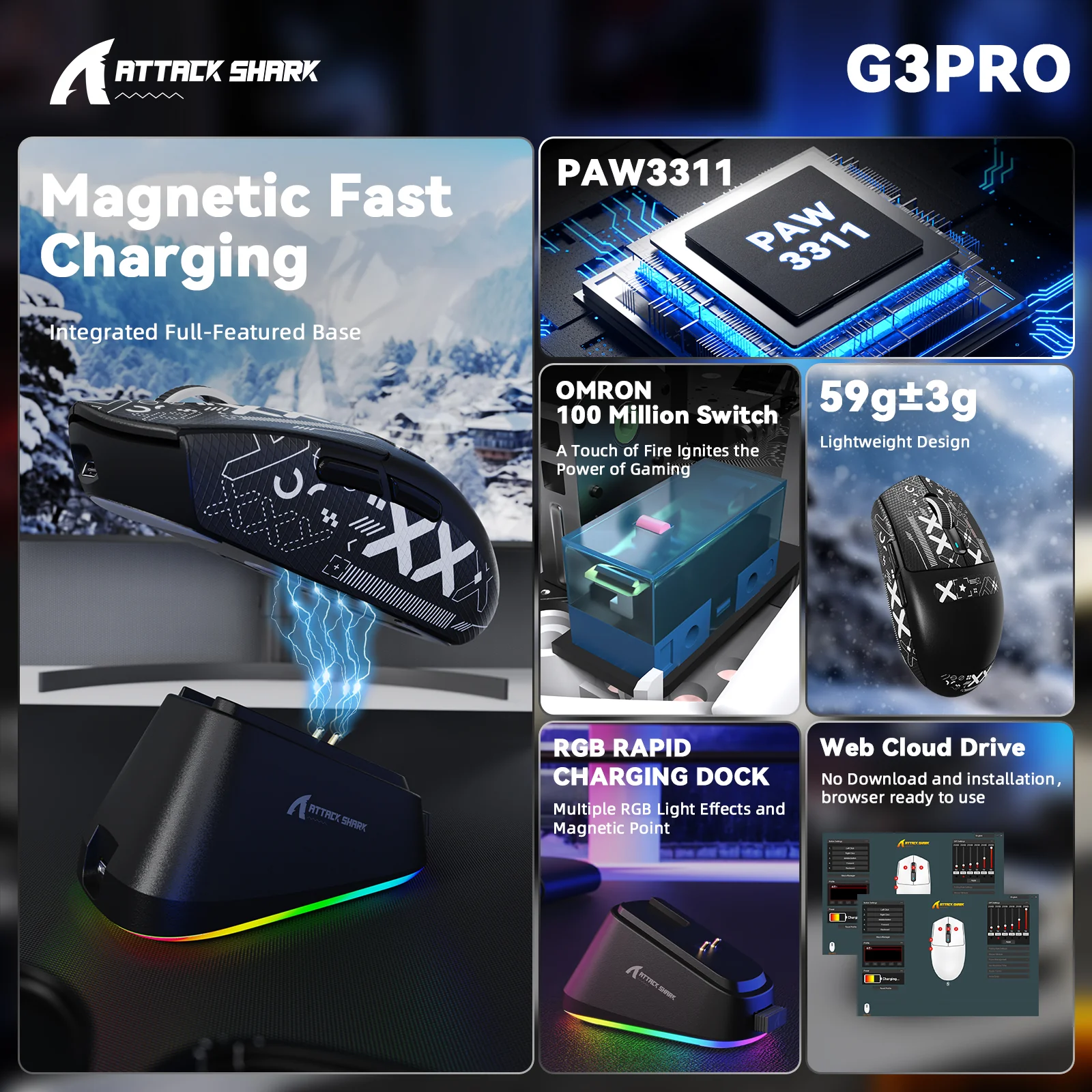 ATTACK SHARK G3PRO Tri-mode Wireless Gaming Mouse with Charge Dock 25000 DPI Ultra Lightweight - Image 48
