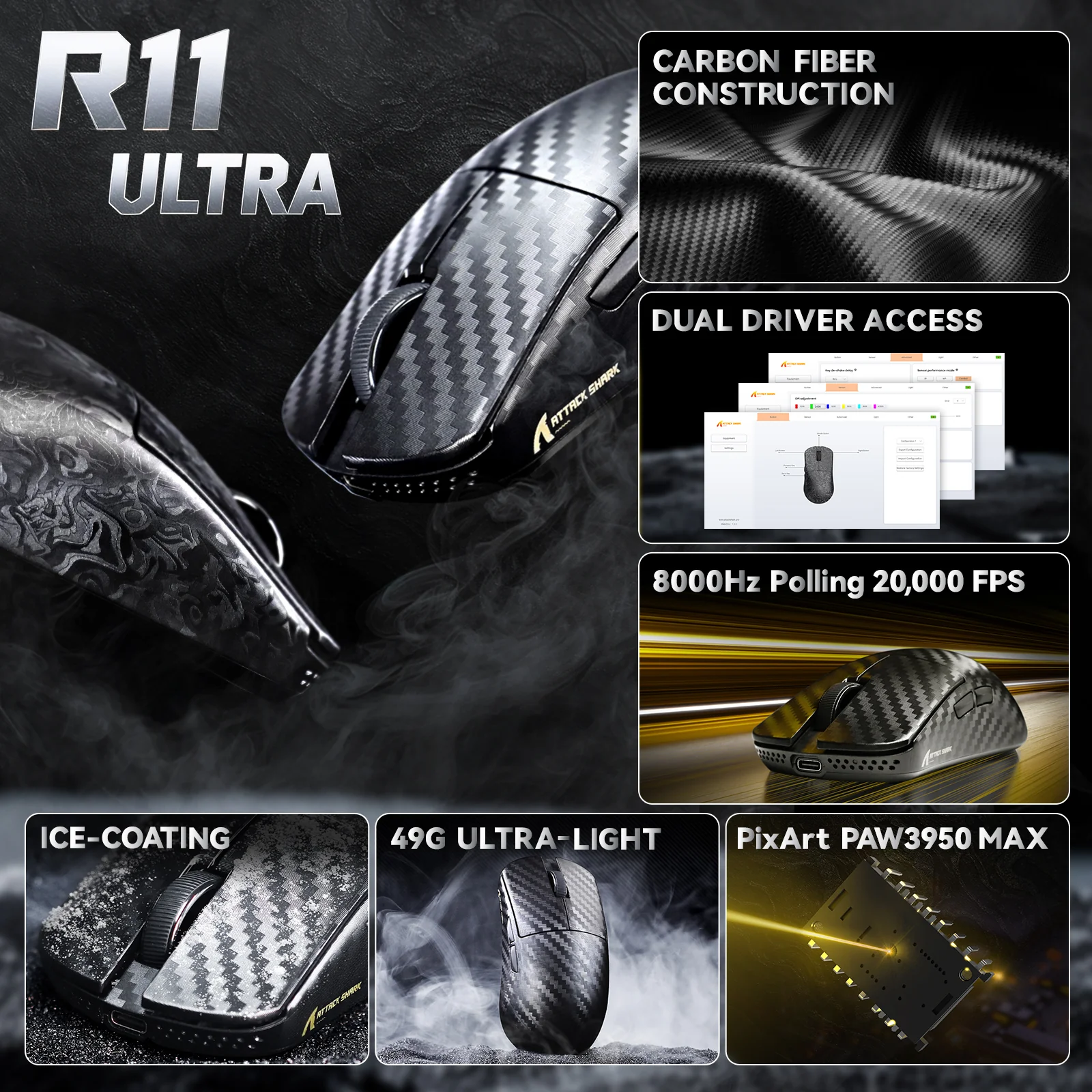ATTACK SHARK R11 ULTRA Carbon Fiber Wireless 8K PAW3950MAX Gaming Mouse - Image 19