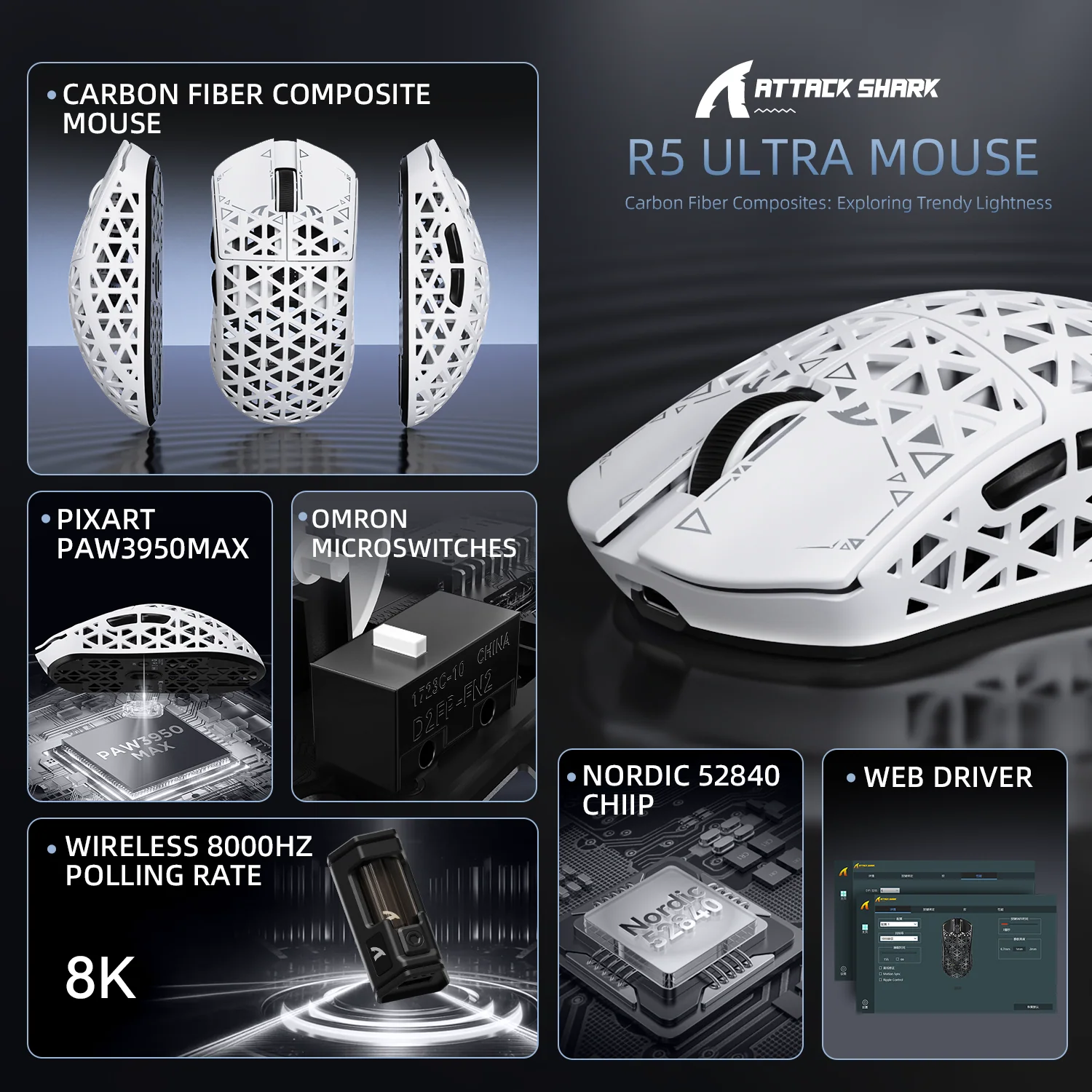 ATTACK SHARK R5 ULTRA Carbon Fiber Wireless 8K PAW3950MAX Gaming Mouse with 8K Coiled Cable - Image 11