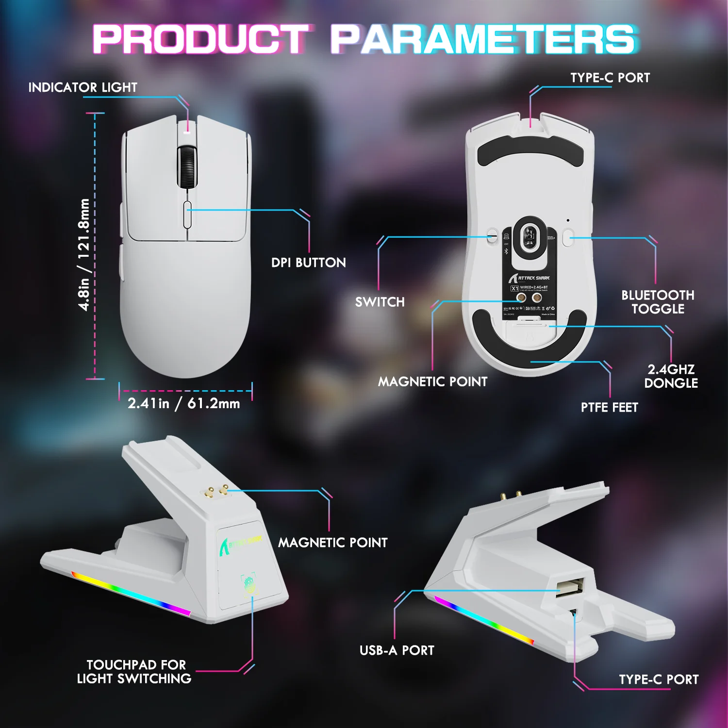 ATTACK SHARK X1 Tri-mode Gaming Mouse With Touchpad RGB Charging Dock PAW3395PRO Sensor - Image 9